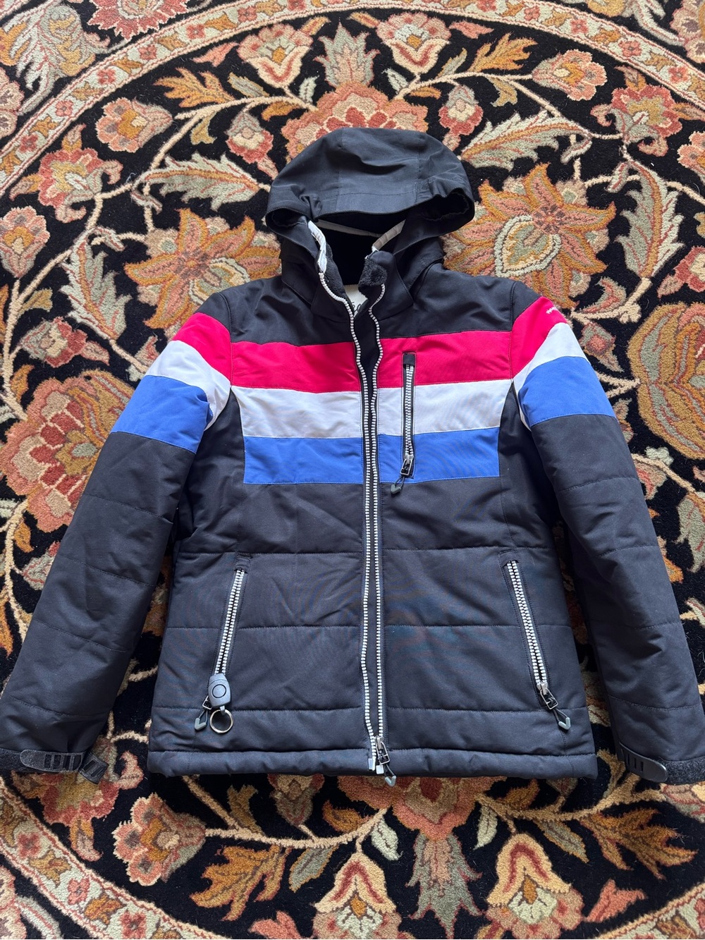 Planet earth Kids Hooded Ski Jacket in Black with Red, White & Blue Stripes